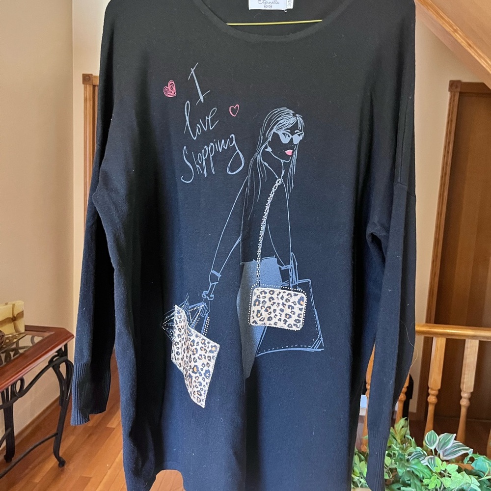 Black Graphic Sweater with Leopard Print Design